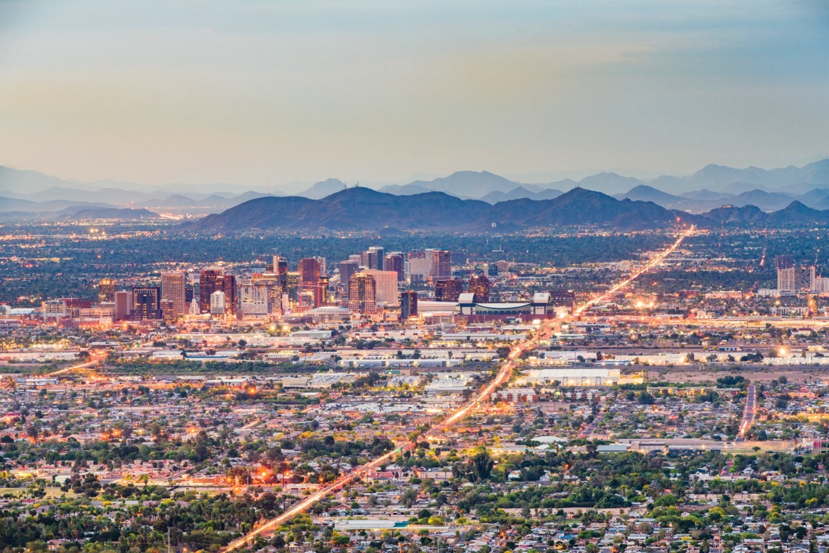 Phoenix, Arizona, downtown cityscape from above at dusk.