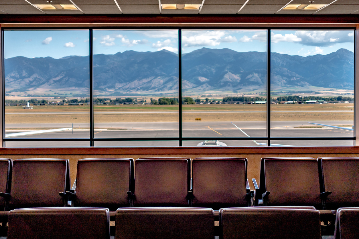 A view out the windows from Bozeman Yellowstone International Airport in Montana