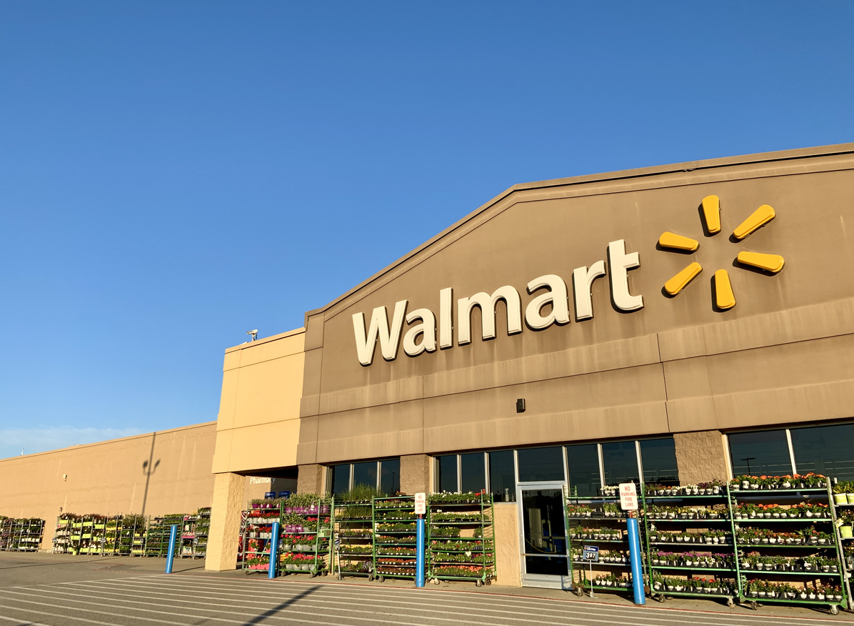 The exterior storefront of a Walmart location