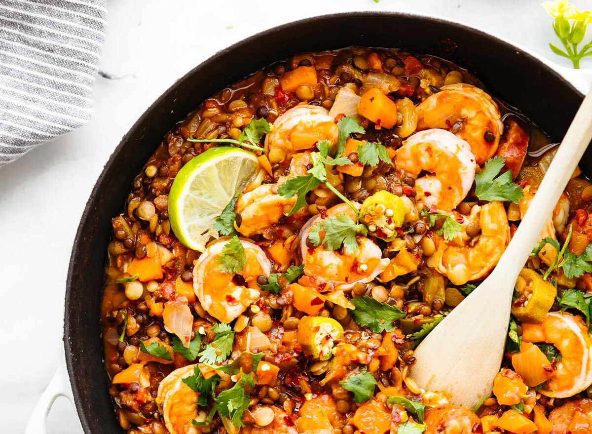 One Pot Shrimp Jambalaya Lentil Bowls