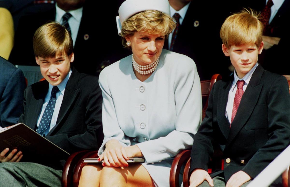 Princess Diana, Princess of Wales with her sons Prince William and Prince Harry attend the Heads of State VE Remembrance Service in Hyde Park on May 7, 1995 in London, England.