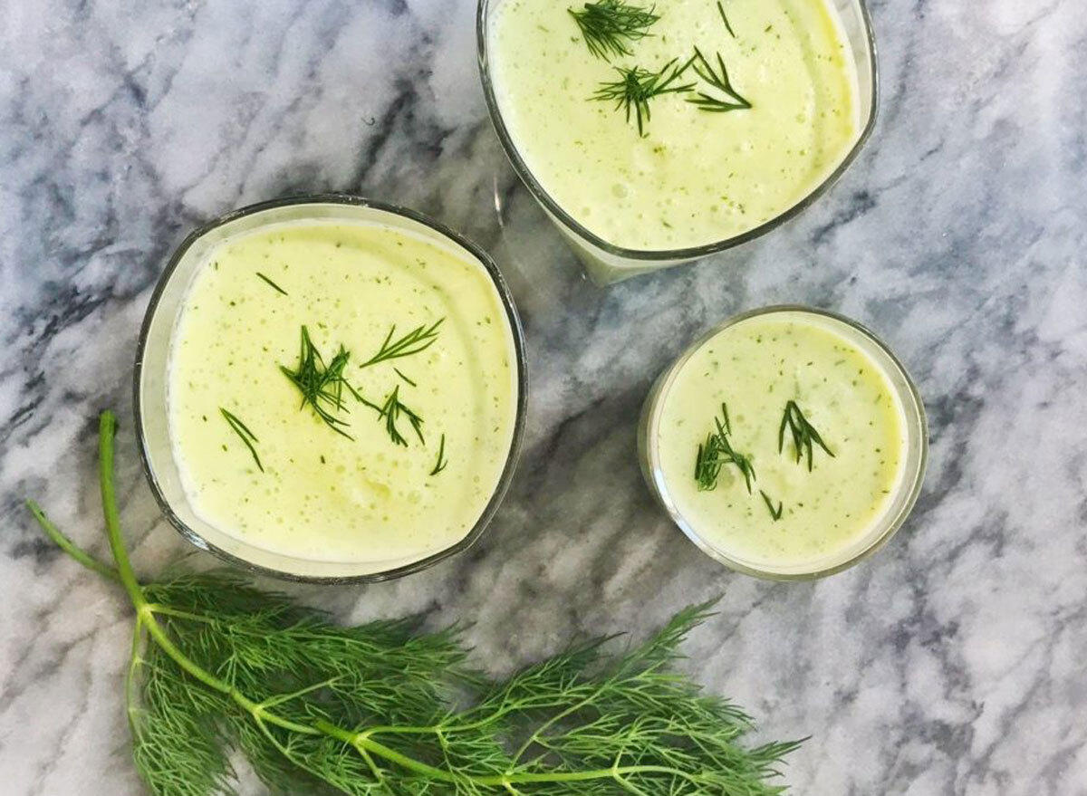 cucumber yogurt soup on beautiful marble counter top