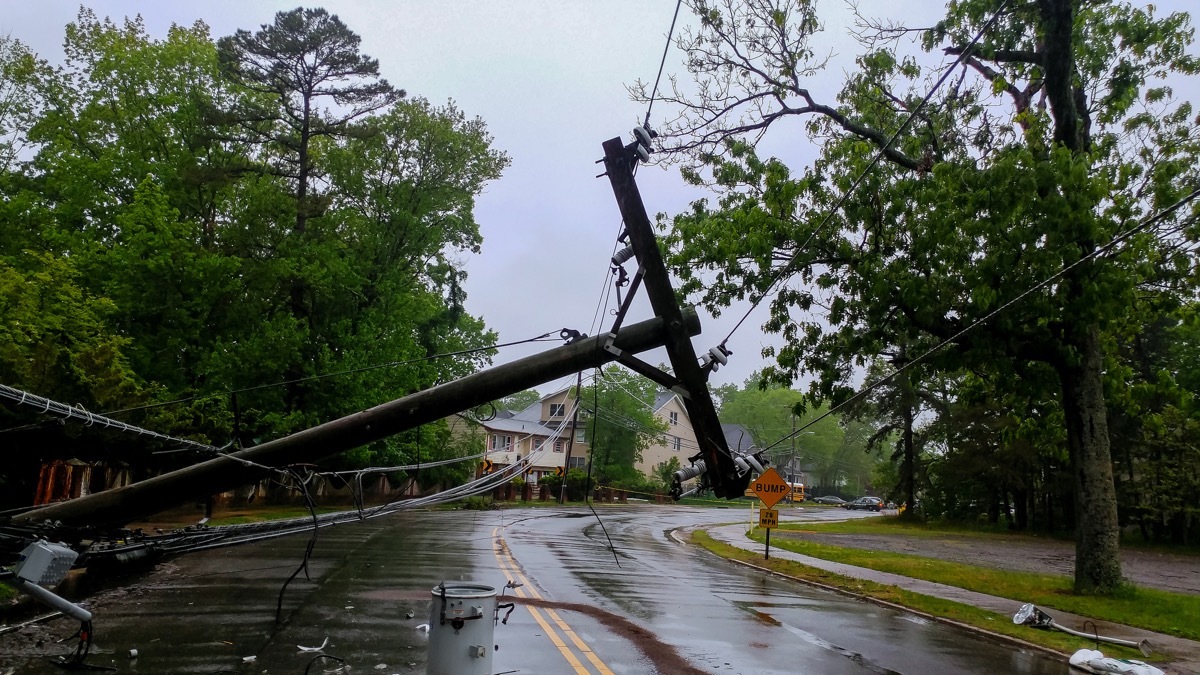 transformer on a electric poles and a tree laying across power lines over a road after Hurricane