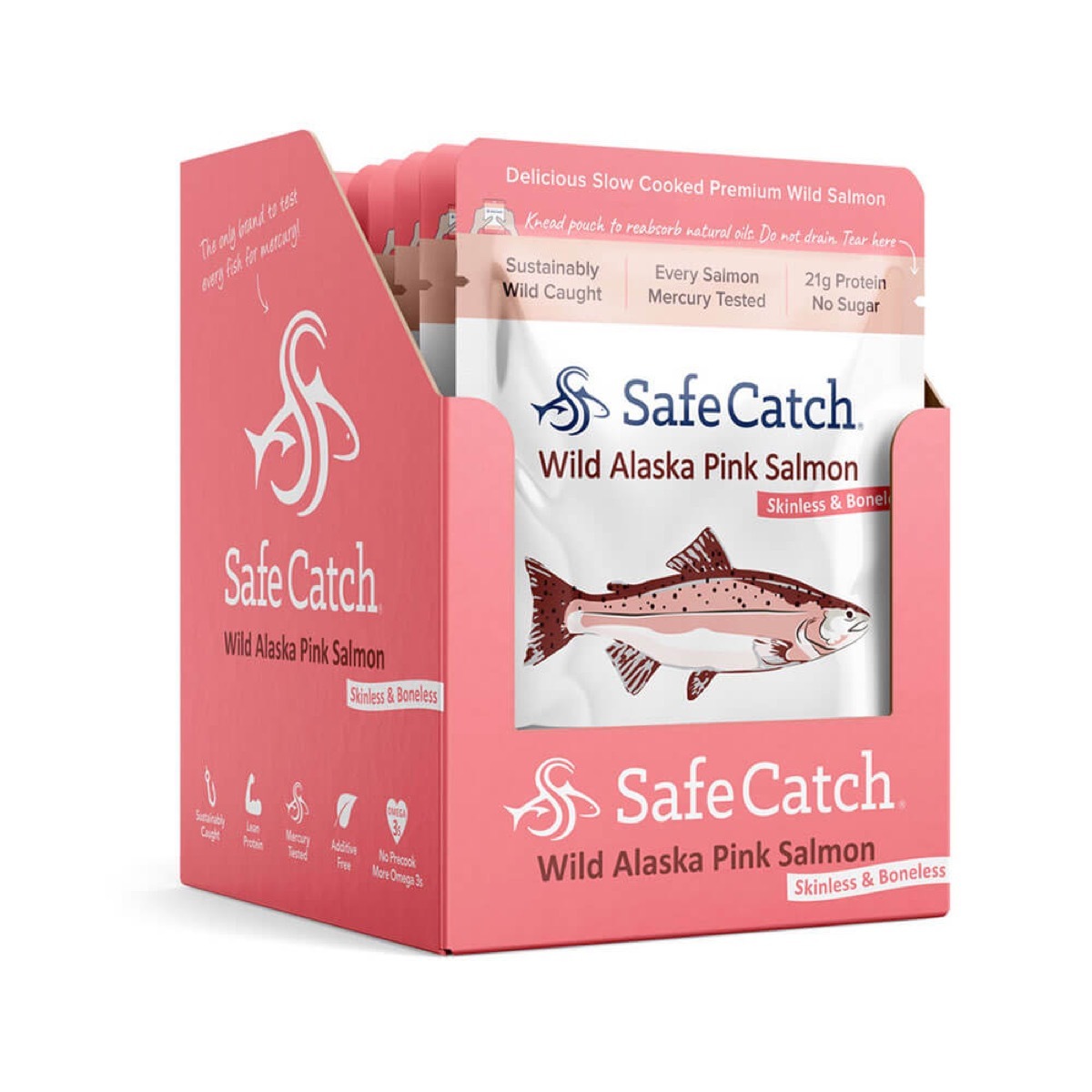 cardboard box full of pink packages of salmon from safecatch