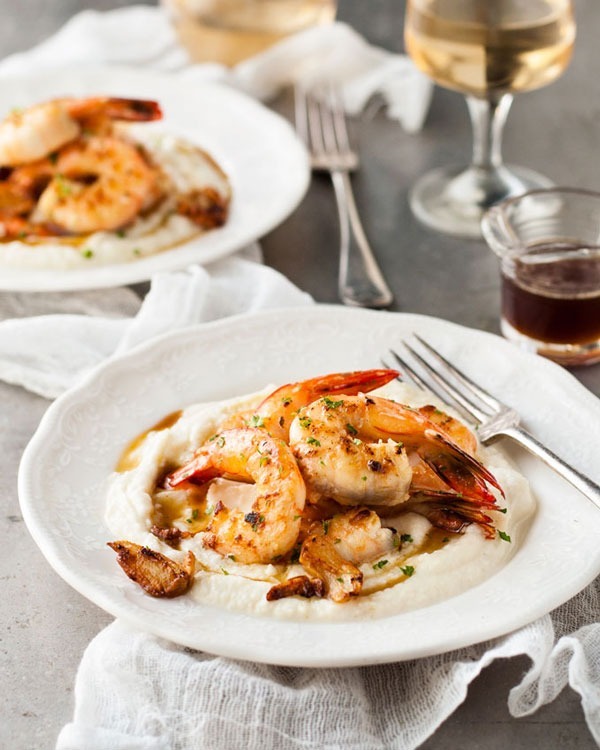 Shrimp recipes Garlic Brown Butter Shrimp with Cauliflower Puree