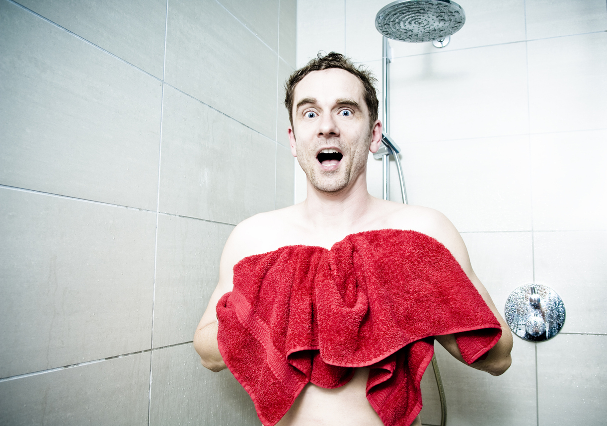 man shocked and caught naked in the shower