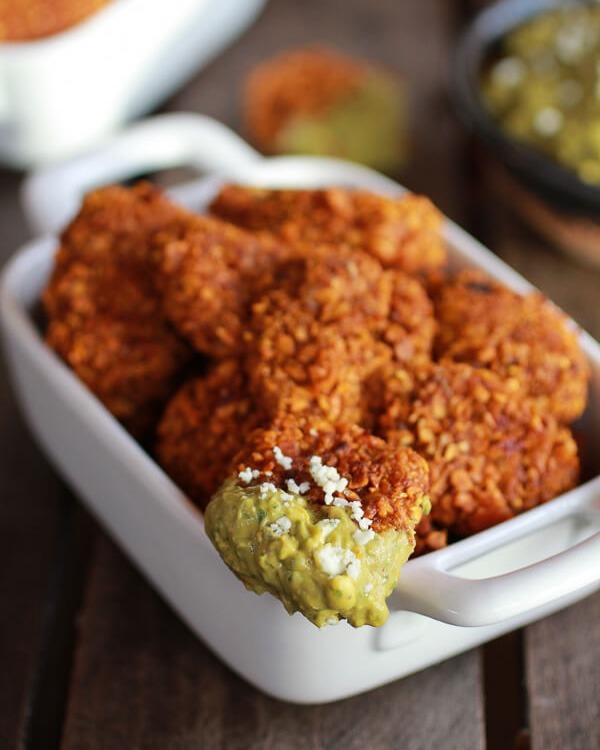 roasted pumpkin chipotle cheddar tots with avocado blue cheese