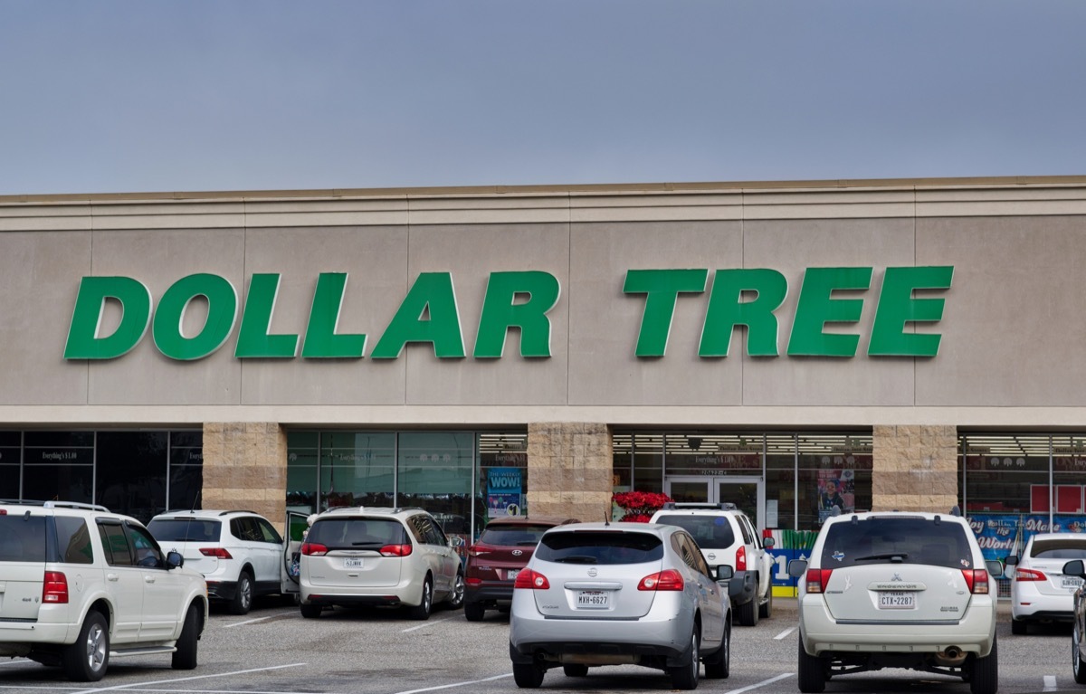 Dollar Tree storefront in Houston, TX with parking lot in foreground. Discount variety store in the USA and Canada.