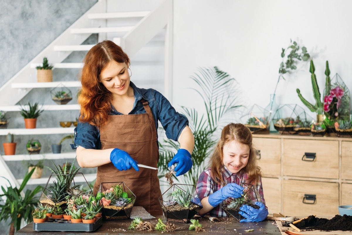 Mother daughter making DIY geraniums