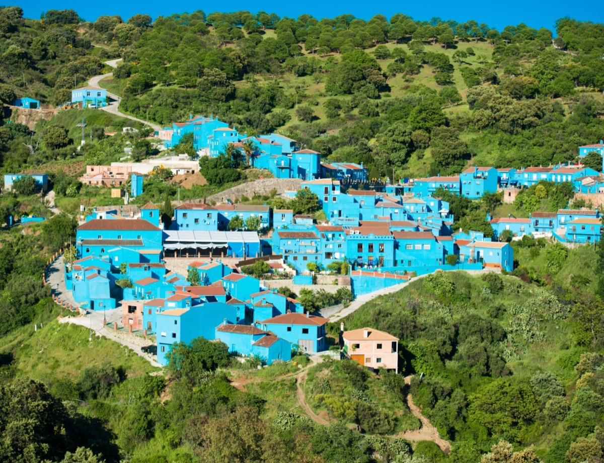 blue town on a lush green hillside