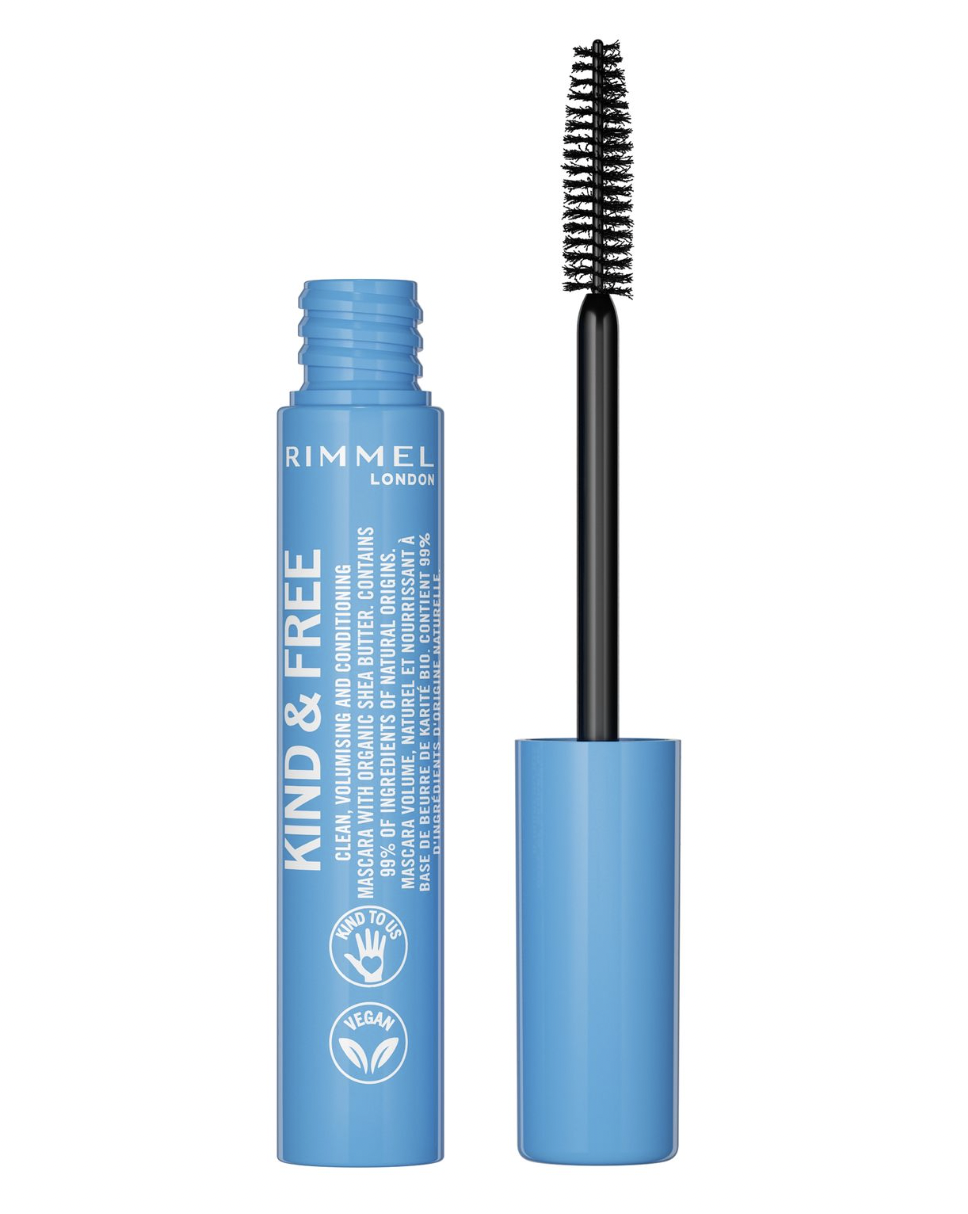 Rimmel Kind & Free Clean Mascara, light blue tube and wand on white background