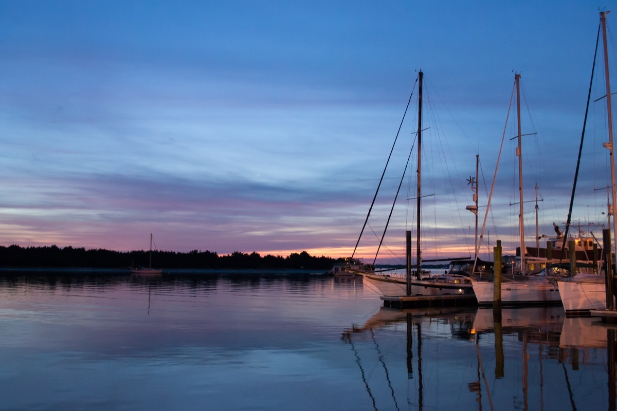 sailboat and trees along a lake in Beaufort, North Carolina