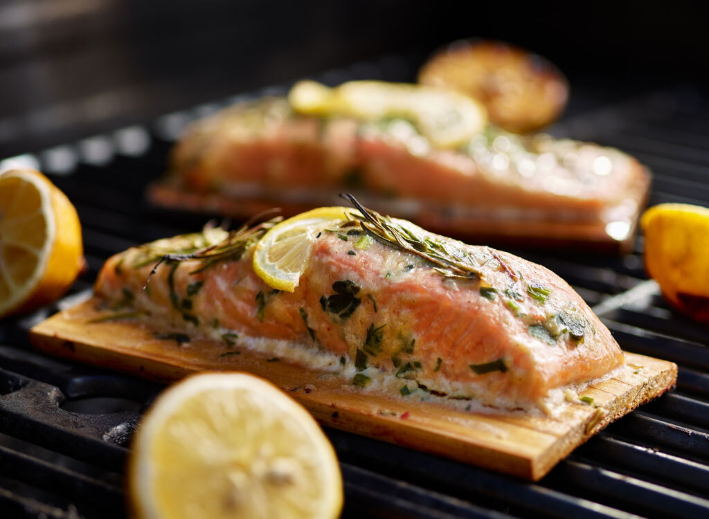 Grilled salmon fish cedar plank