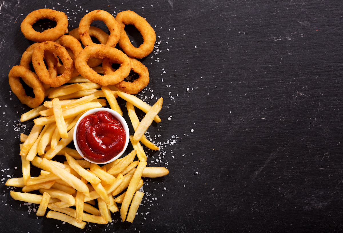 Ketchup, fries, and onion rings