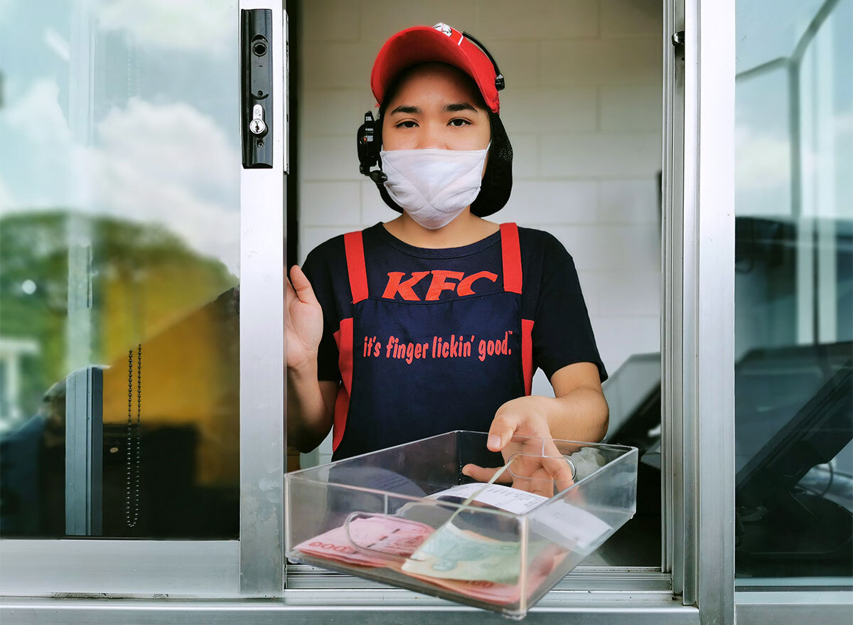 kfc drive thru employee wearing face mask