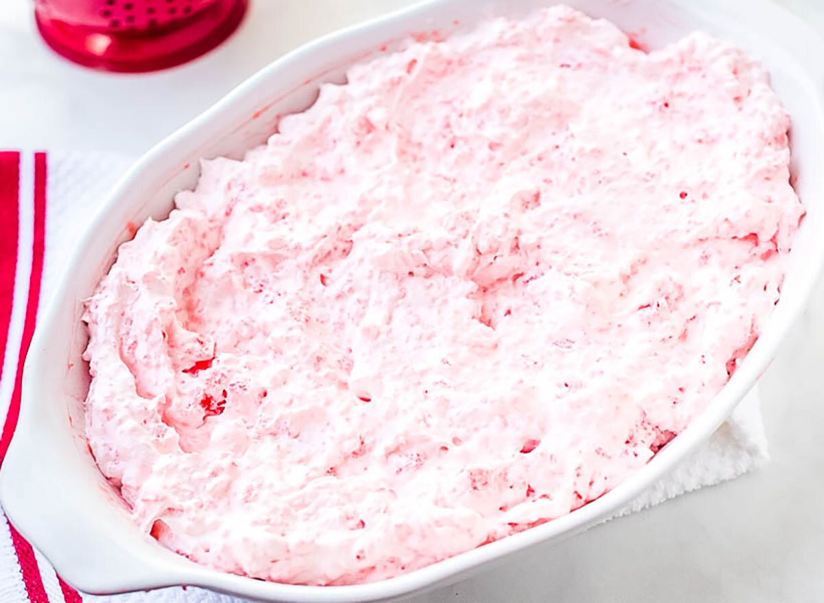 strawberry tapioca salad in white serving dish