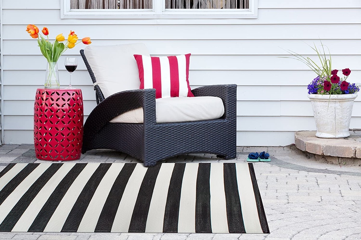 black and white striped outdoor rug