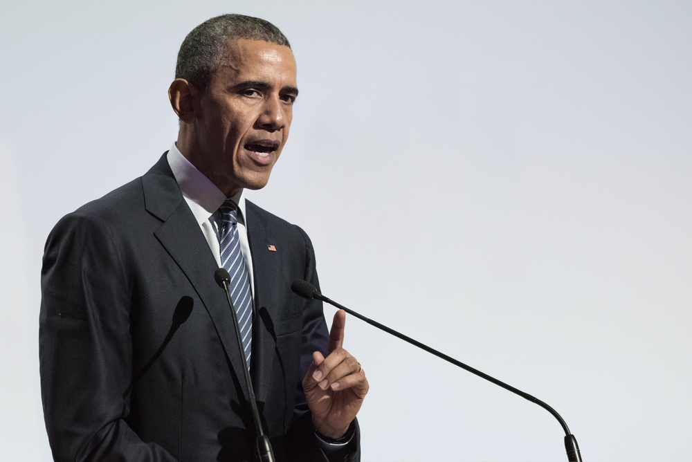 LE BOURGET near PARIS, FRANCE - NOVEMBER 30, 2015 : Barack Obama, President of United State of America delivering his speech at the Paris COP21, United nations conference on climate change.