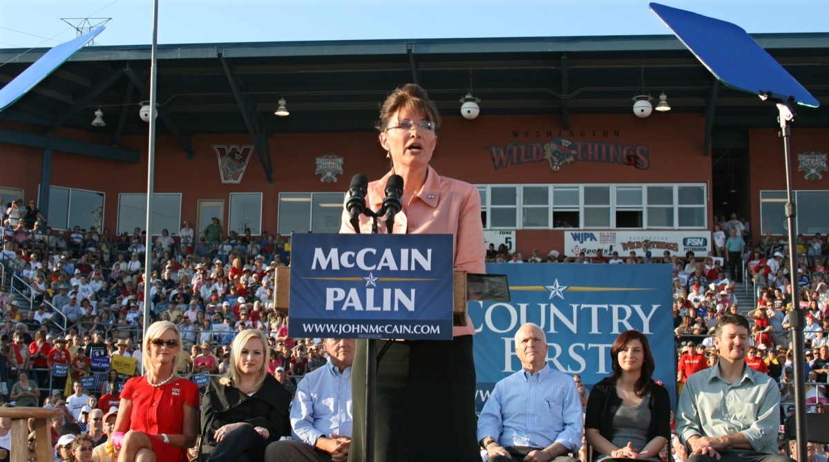 Sarah palin speaking at a podium as a vice presidential candidate