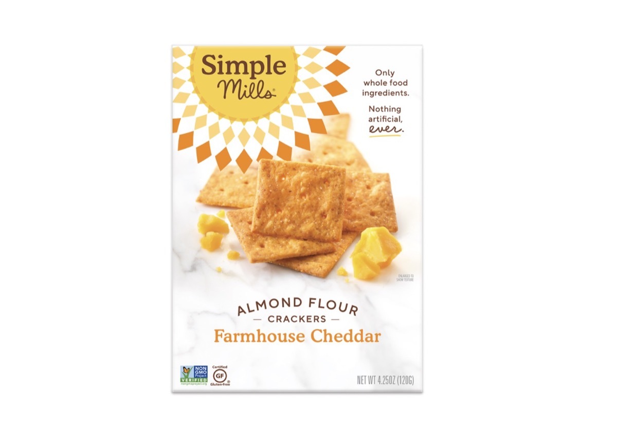 box of almond flour crackers in farmhouse cheddar flavor from simple mills