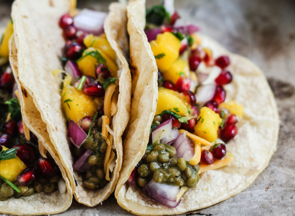 Salsa Verde Lentil Tacos With Mango Pomegranate Pico