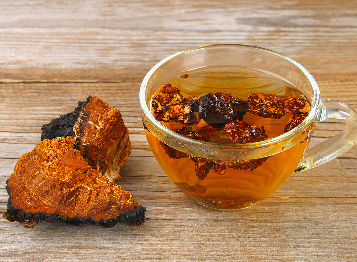 chaga mushroom tea in glass tea cup