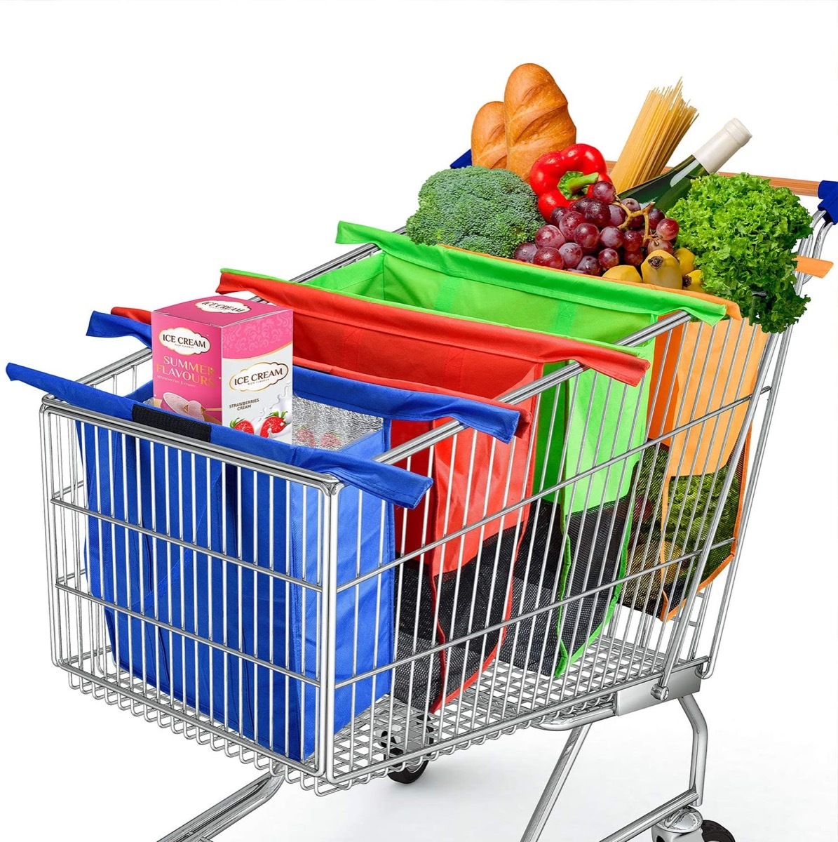 shopping cart full of grocery bags