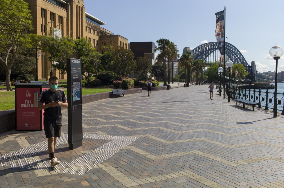 Empty Circular Quay with Sydney Harbor Bridge during coronavirus outbreak