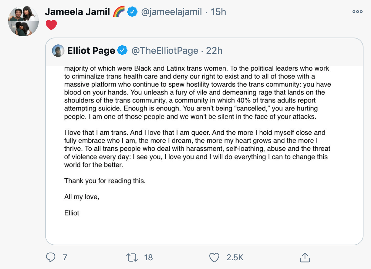 Jameela Jamil tweet about Elliot Page