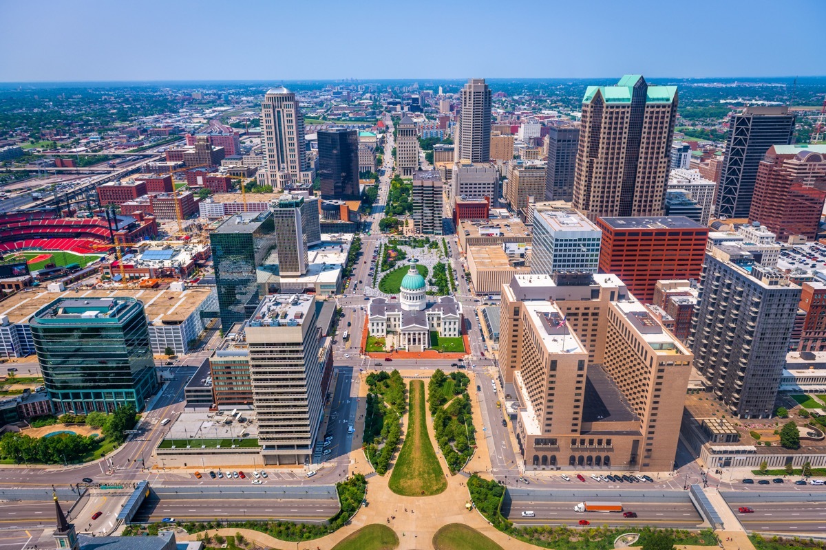 St. Louis, Missouri, USA downtown skyline from above.