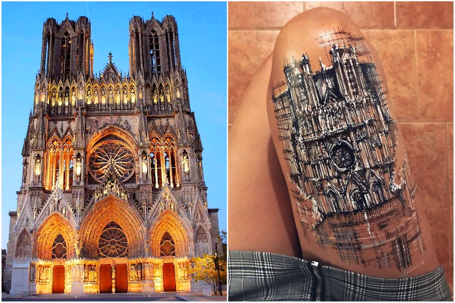 Notre-Dame de Reims | Artist Uses Her Body As A Canvas For Architecture Sketches | Her Beauty