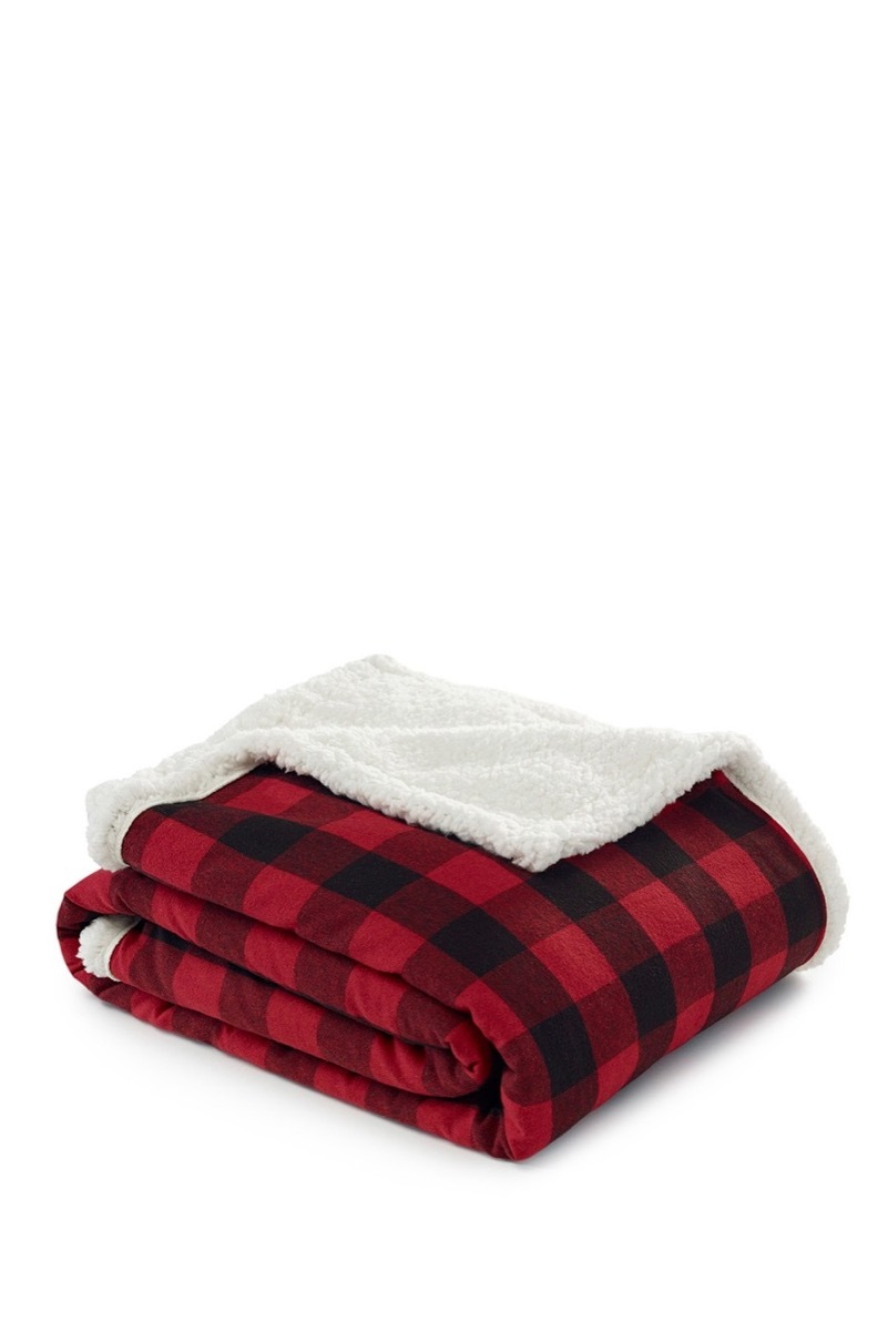 folded red and black buffalo check blanket, fall home decor