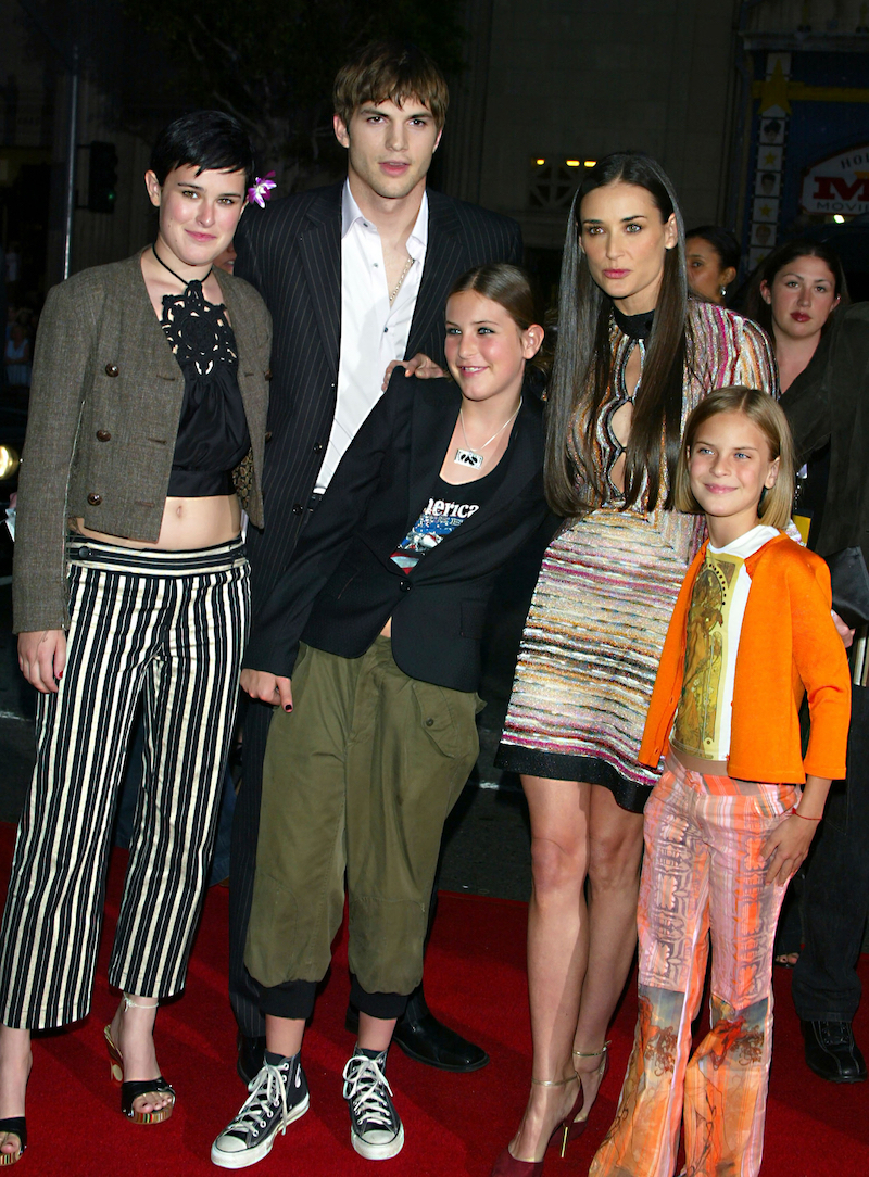 Rumer Willis, Ashton Kutcher, Scout Willis, Demi Moore, and Tallulah Willis at the premiere of 