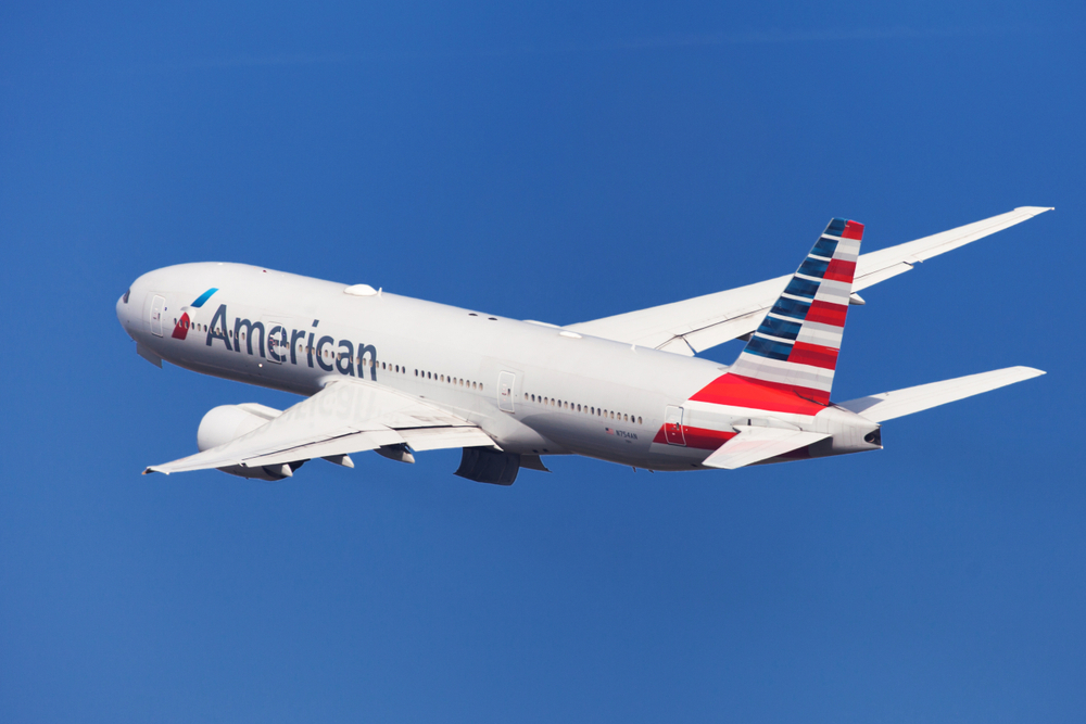 An American Airlines jet taking off in the sky