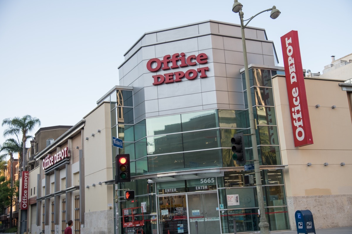 the outside and a sign of an Office Depot store in Los Angeles, California