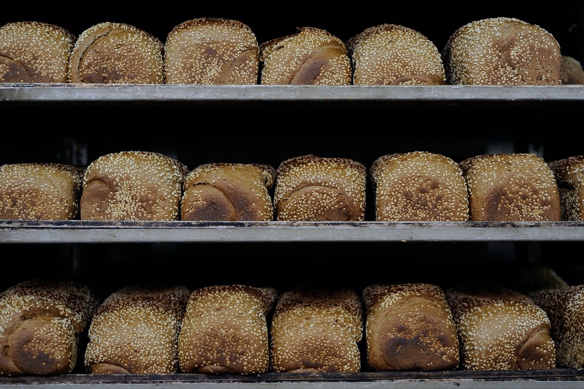 Bread loafs on a bakery shelve.