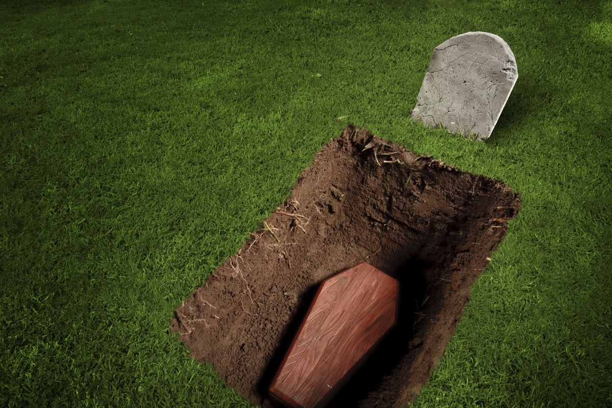 wooden coffin placed in an open cemetery plot