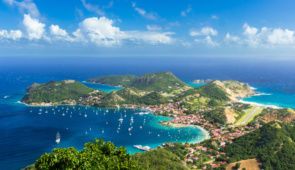 aerial view of guadeloupe island and waterfront and boats