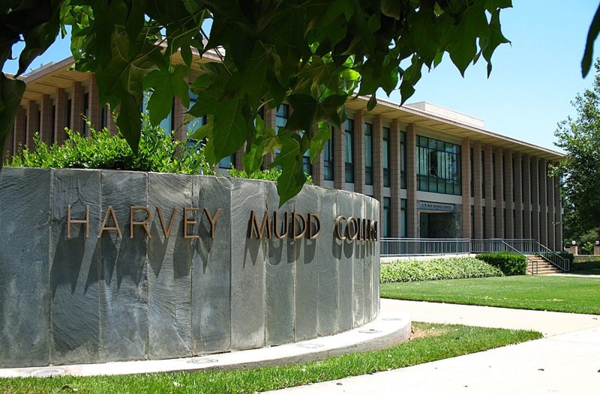 Entrance to Harvey Mudd College on Dartmouth Avenue, F.W. Olin Building in background