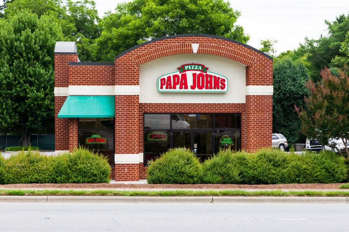 the exterior of a Papa John's restaurant in Hickory, North Carolina