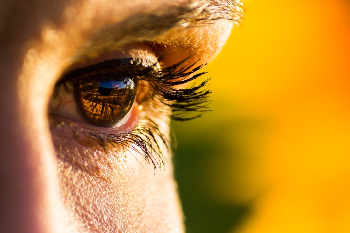 Eye of a woman observing the sunset