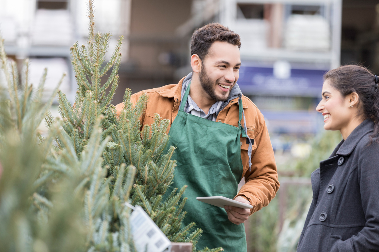 A Christmas tree vendor selling a tree to a young woman