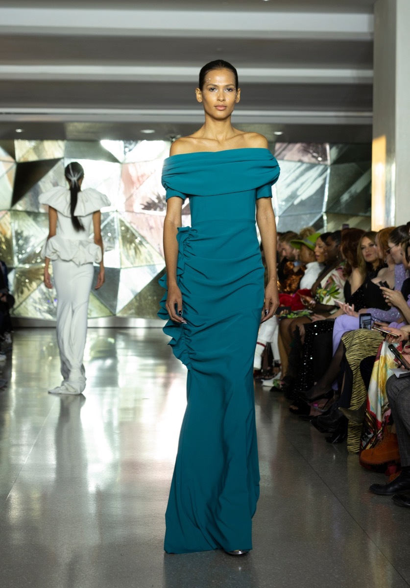 New York, NY - February 9, 2019: Model walks runway for Christian Siriano New York fashion week Fall/Winter 2019 collection at Top of the Rock Rockefeller Center