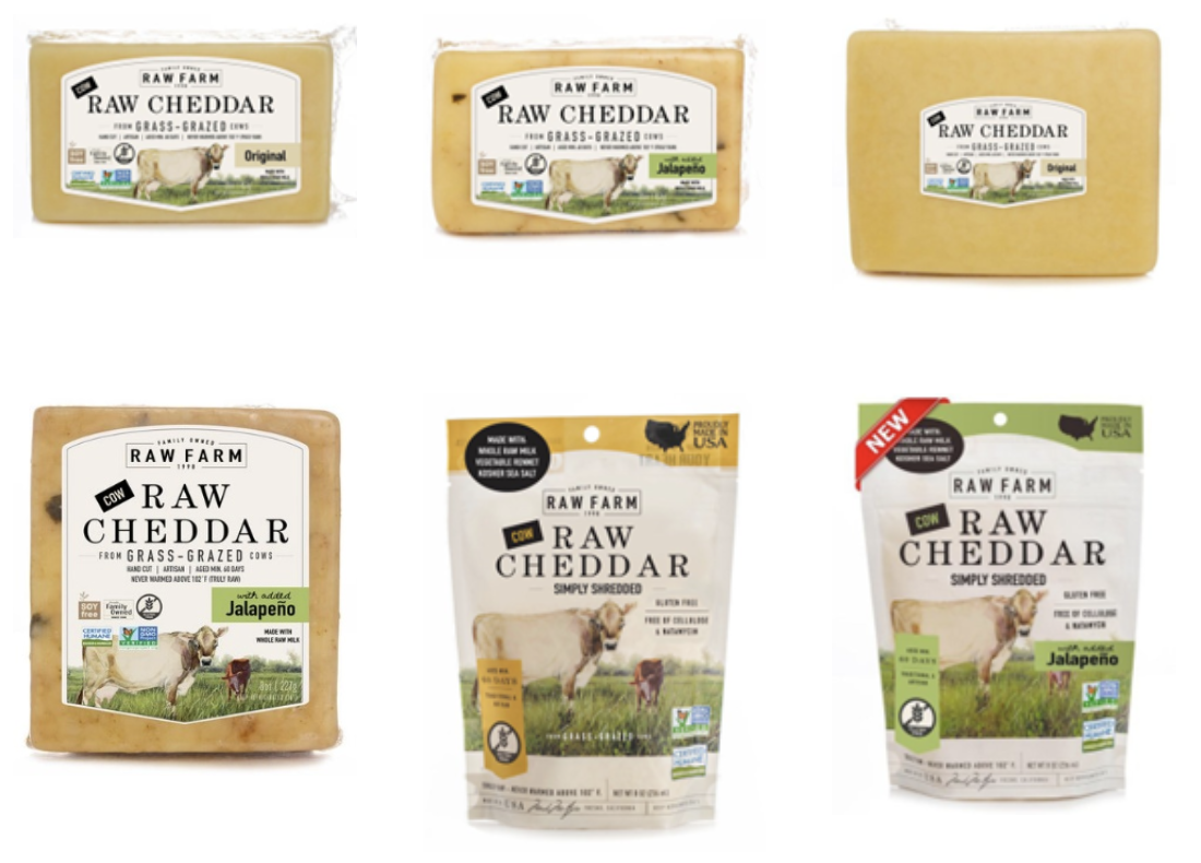 Images of Raw Farm Raw Cheddar products that have been recalled