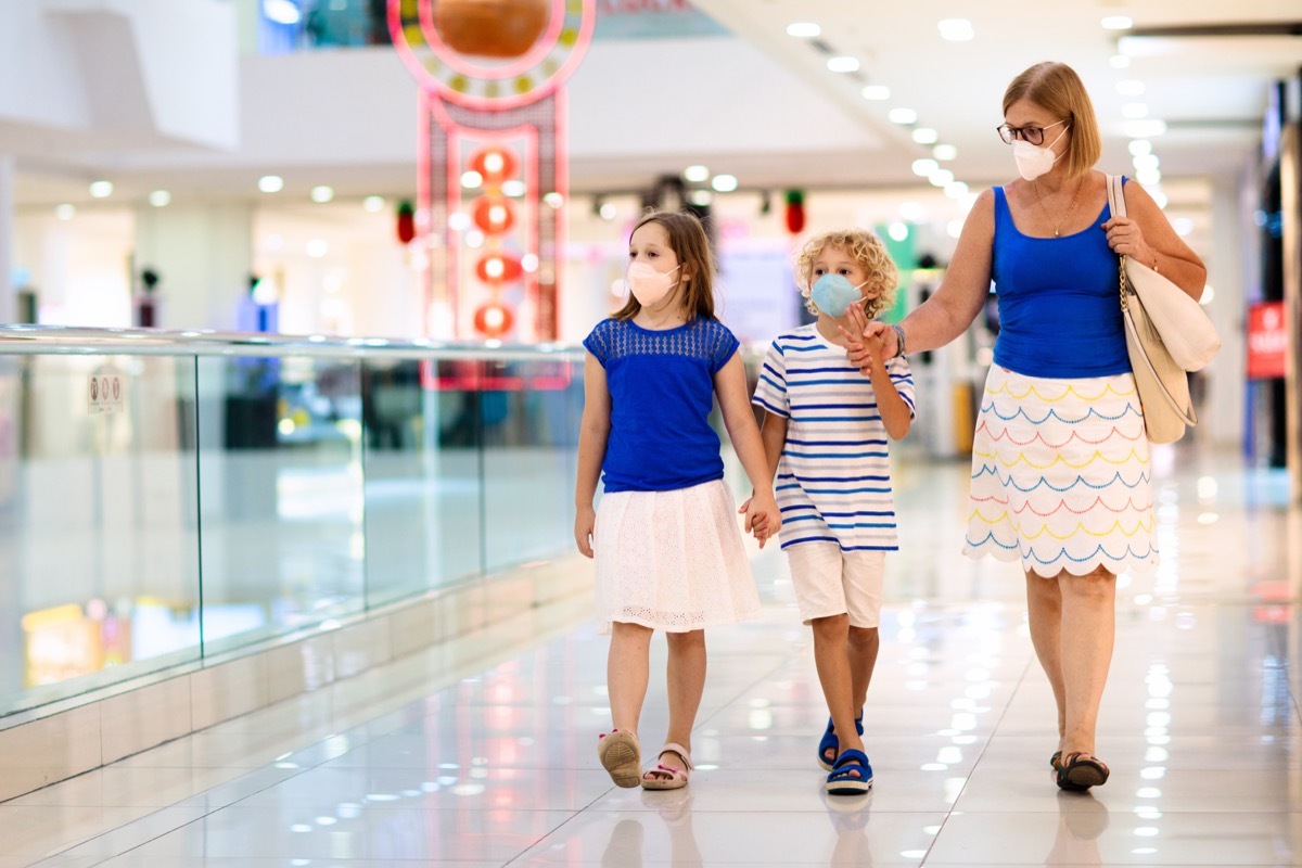 Mother and daughters shopping wearing face masks