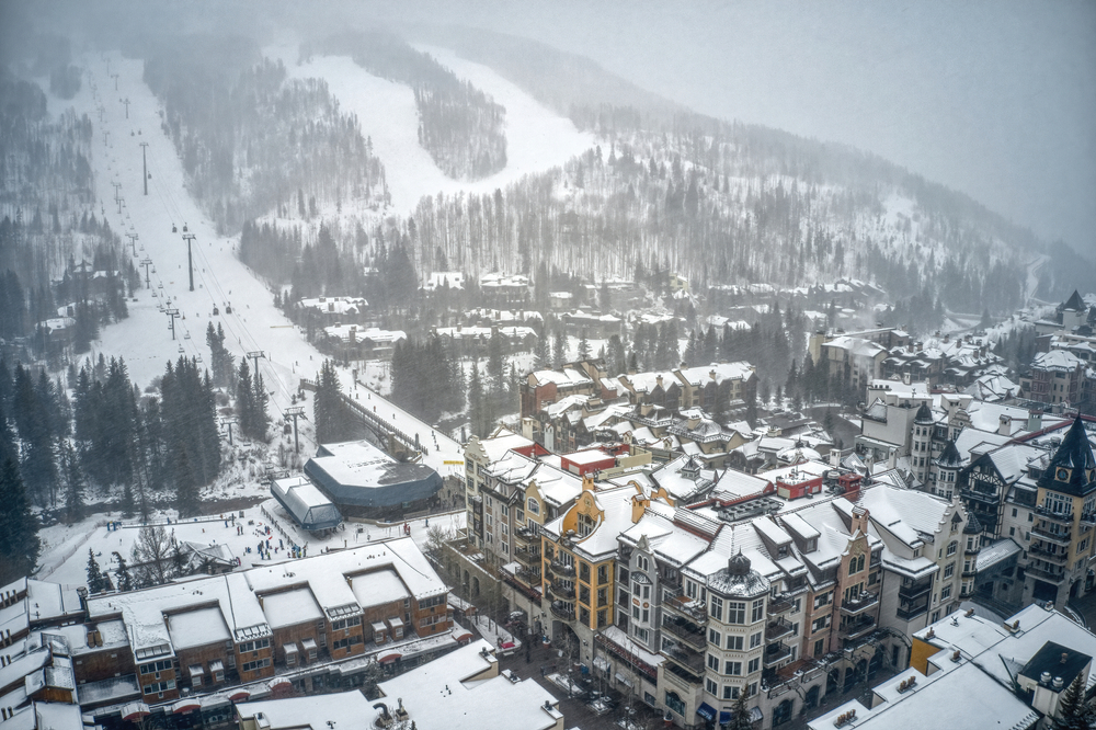 The base lodge at town at Vail, Colorado during a snowstorm