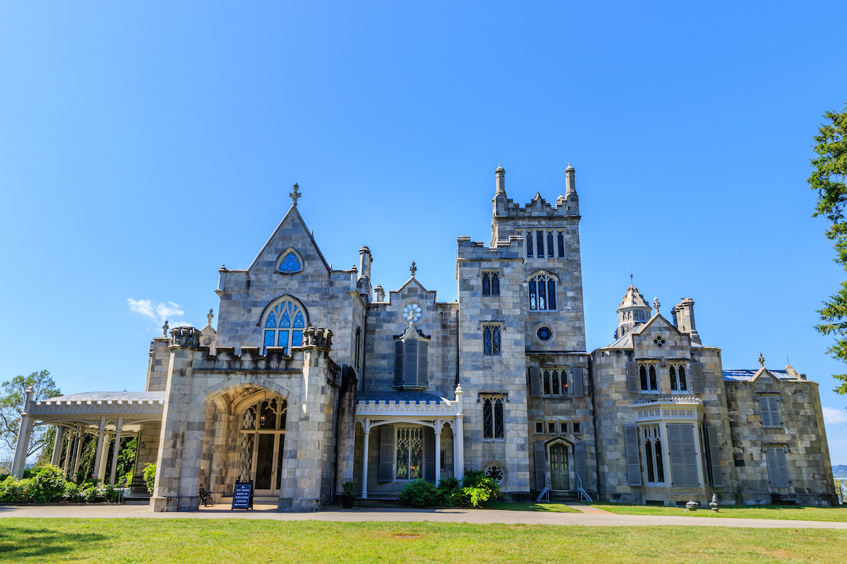 View of the Lyndhurst Mansion in Tarrytown, New York, which looks like a historic castle.