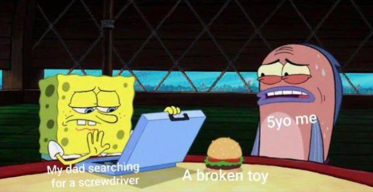 Spongebob meme with a dad trying to fix a kid's broken toy