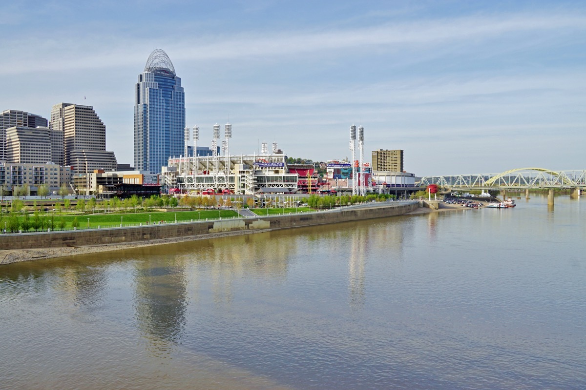 Cityscape panoramic view of the downtown Cincinnati skyline, nicknamed the Queen City, along the Ohio River.