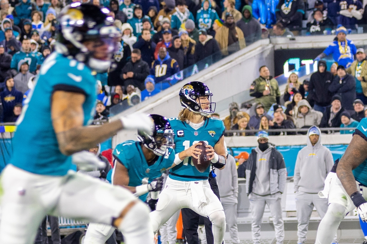 Trevor Lawrence gets ready to throw the football at a Jacksonville Jaguars game